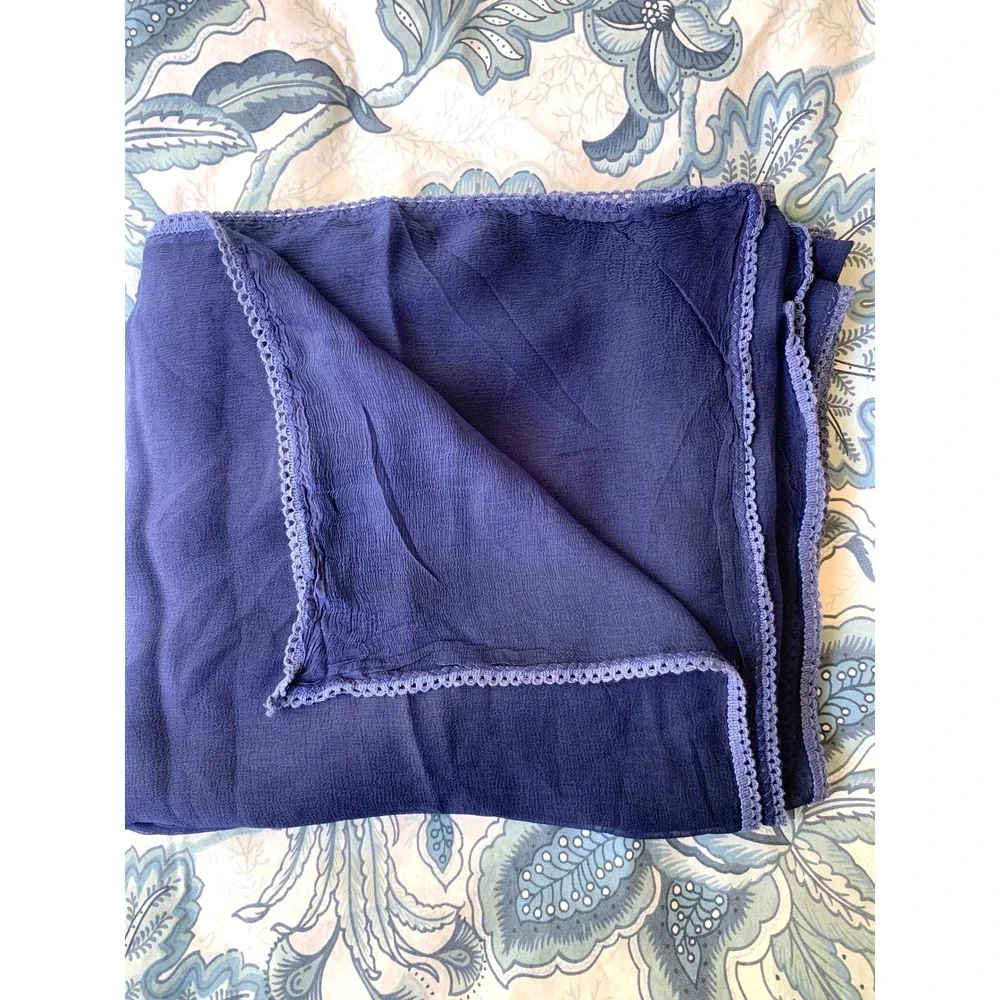 Navy Sheer Scarf 46 x 92 with Delicate Lace Detail Cerulean Blue Rectangle